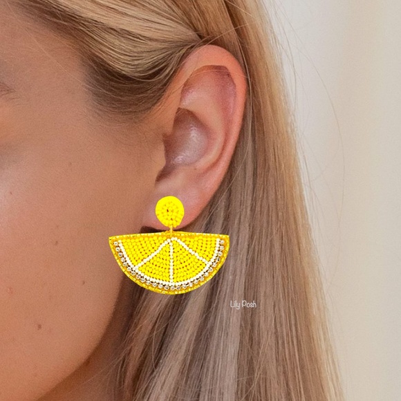 Beaded Lemon Earring, Seed Bead Fruit Earring, Lemon - Picture 2 of 2